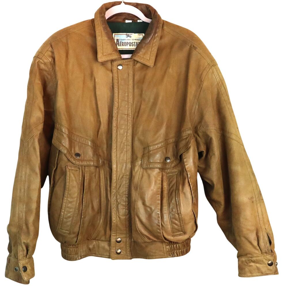 Vintage Aeropostale Tan Leather Bomber Jacket Coat Flight Aviator Mens Large